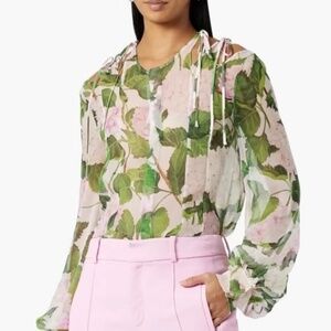 OSCAR DE LA RENTA Bow-Detailed Floral Print Silk-Chiffon Blouse Sz4